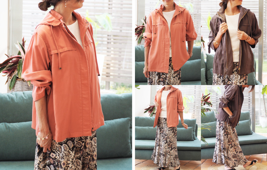 フード付コート+刺しゅう⼊半袖Tシャツ+ロングスカート