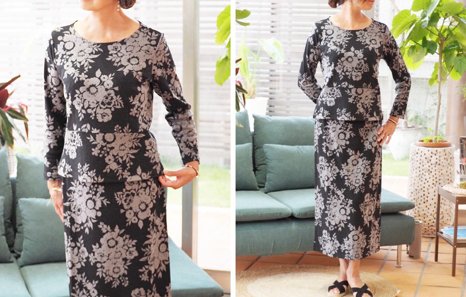 8分袖プルオーバー+スリット⼊ロングスカート