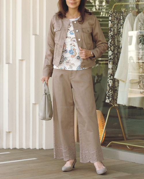 カットワーク刺しゅうブルゾン×8分袖プルオーバー×カットワーク刺しゅうワイドパンツ