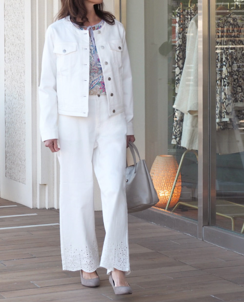 カットワーク刺しゅうブルゾン×8分袖ブラウス×カットワーク刺しゅうワイドパンツ