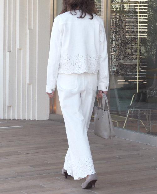 カットワーク刺しゅうブルゾン×8分袖ブラウス×カットワーク刺しゅうワイドパンツ