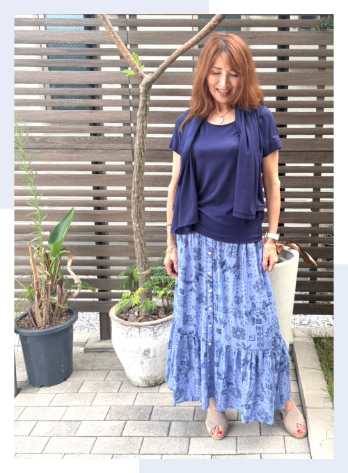 ショール一体型半袖Tシャツ×ティアードロングスカート