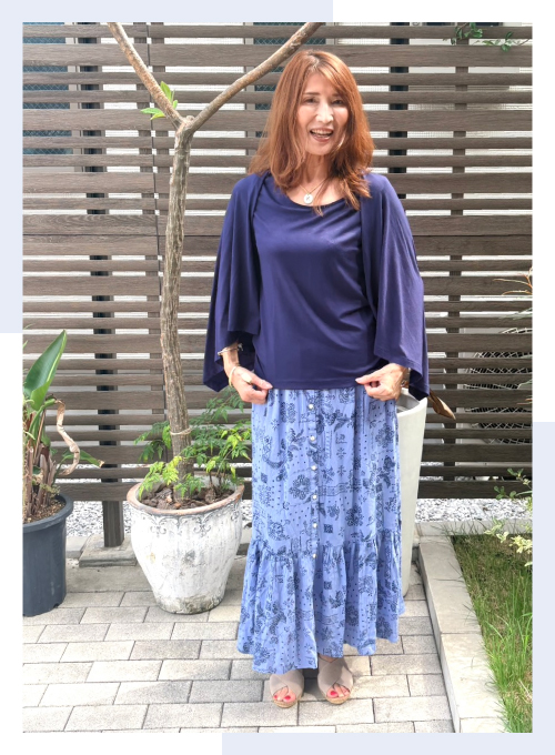 ショール一体型半袖Tシャツ×ティアードロングスカート