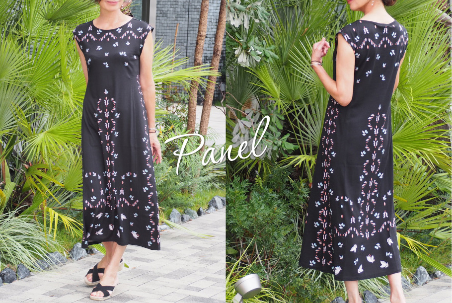 パネル柄フレンチスリーブロングワンピース