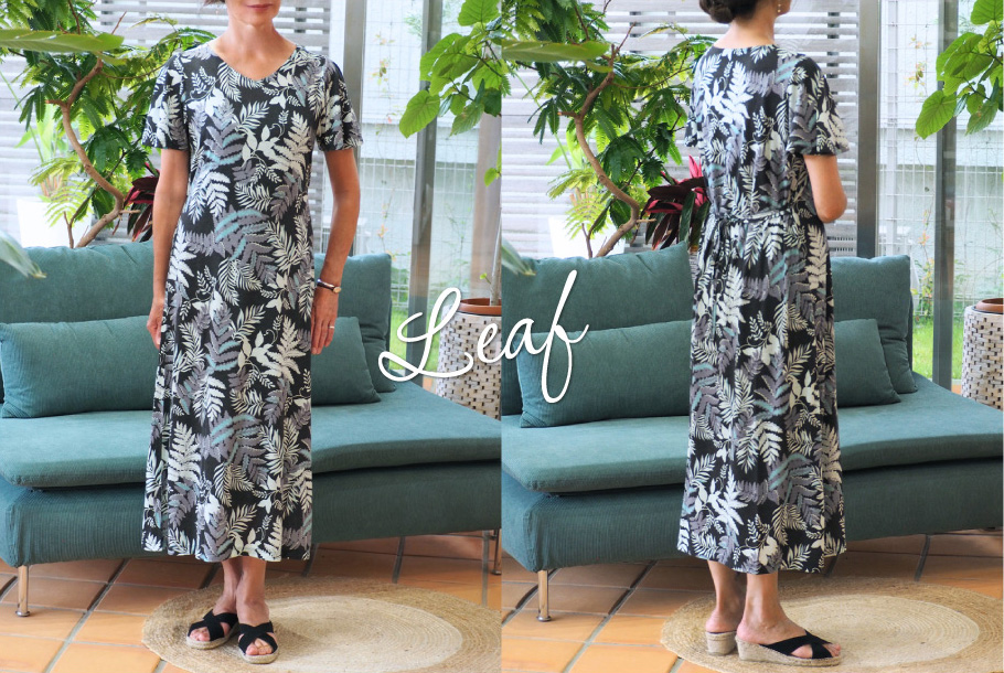 リーフ柄半袖ワンピース