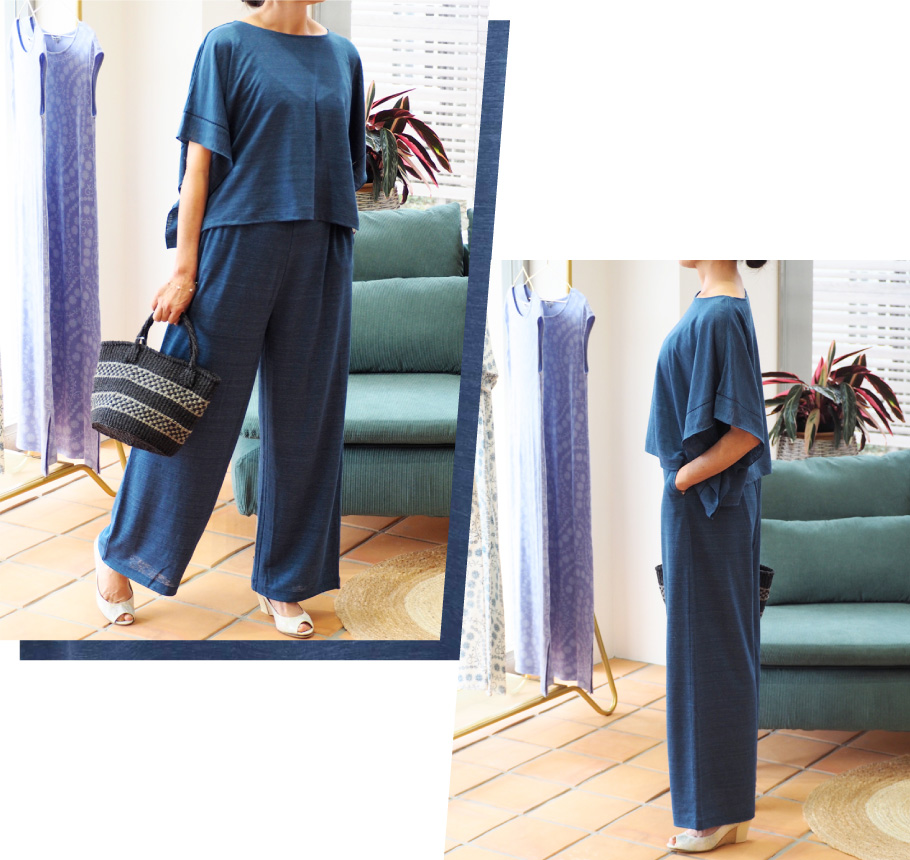 ポンチョ⾵プルオーバー ＋ ワイドパンツ