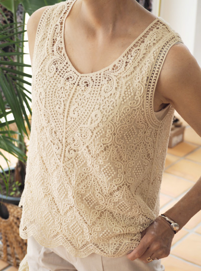 クロシェ編みフレンチスリーブチュニック×美・シルエットパンツ