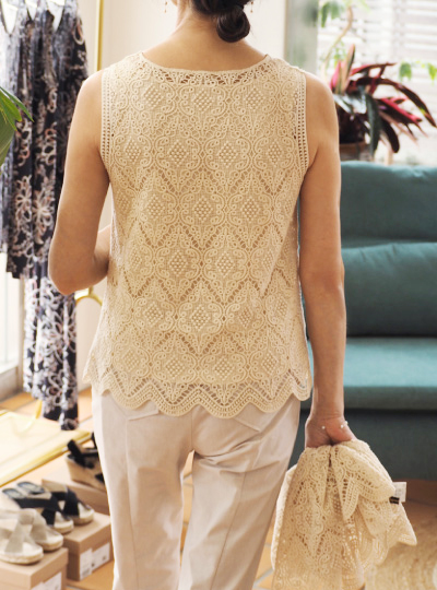 クロシェ編みフレンチスリーブチュニック×美・シルエットパンツ