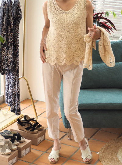 クロシェ編みフレンチスリーブチュニック×美・シルエットパンツ