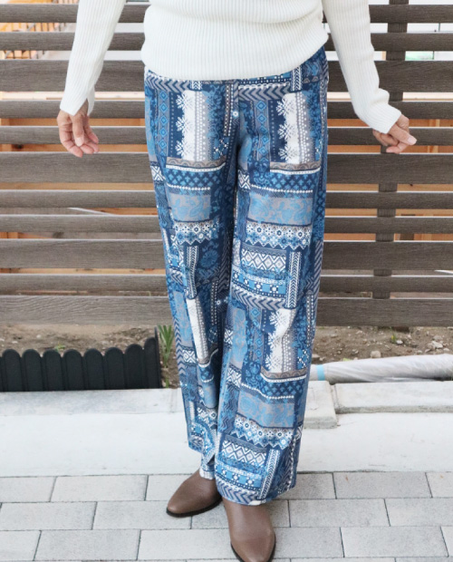 ロングジレ×パッチワーク柄ワイドパンツ