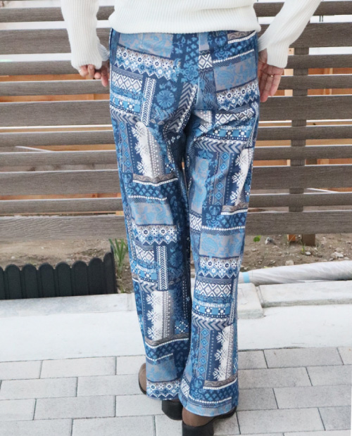 ロングジレ×パッチワーク柄ワイドパンツ