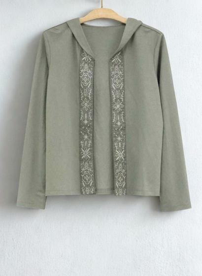 刺しゅう8分袖フード付カーディガン